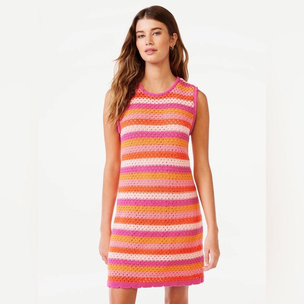 Free Assembly Striped Pink & Orange Sleeveless Crochet Mini Dress Women’s Medium